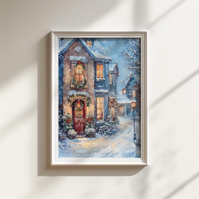 Christmas Village Painting Art, Winter Snowy Village Scene Print, Physical Shipped Art, Winter Wonderland Artwork, Christmas Town Painting image 9