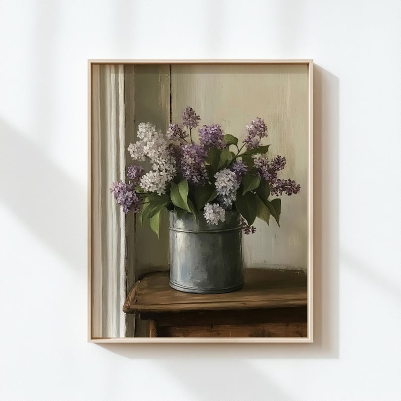 Fineart Print Lilac Flowers Dark Academia Cottage Core Wallart Victorian Still Life Oil Painting Farm House Decor Rustic Romance Floral Art image 3