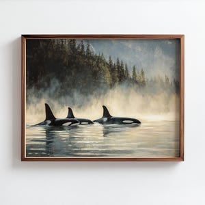 May include: A painting depicting three orcas swimming in a misty lake with a forest in the background.