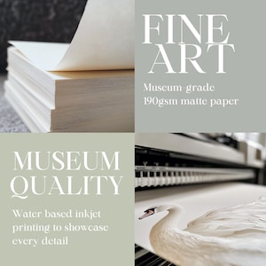 May include: A stack of white matte paper with the text "FINE ART" and "MUSEUM QUALITY". The image also shows a swan print and a printer. The text states the paper is museum-grade, 190gsm, and uses water-based inkjet printing.