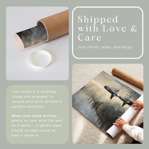 May include: A watercolour print of a misty forest scene with a black and white orca whale swimming in the water. The print is rolled up and ready to be shipped. The text "Shipped with Love & Care" is written in a white font on a light grey background. The text "Just unroll, relax, and enjoy" is written in a smaller white font below the main text.