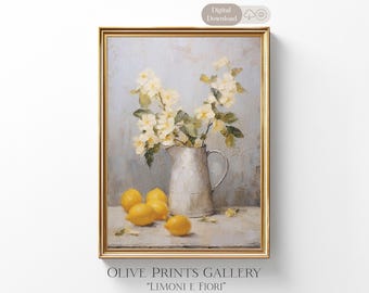 Lemon Floral Still Life Oil Painting, Instant Download Fruit Wall Art, Traditional Italian Kitchen Lemon Decor Print, Citrus Flower Artwork