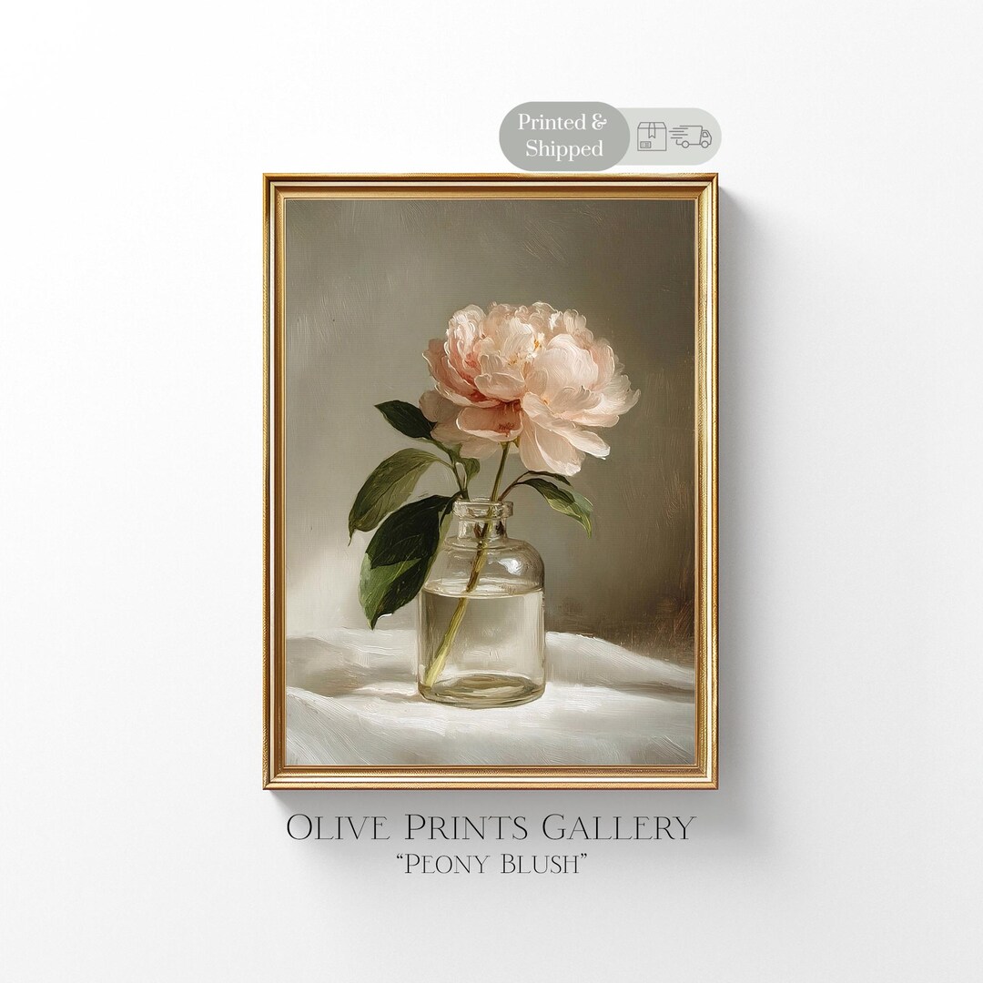 Vase Flower Painting Realism Blush Pink Peony Still Life Vintage Floral ...