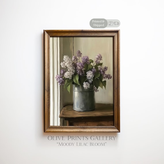 Fineart Print Lilac Flowers Dark Academia Cottage Core Wallart Victorian Still Life Oil Painting Farm House Decor Rustic Romance Floral Art