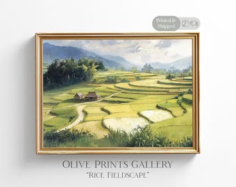 ヴィンテージベトナム田んぼの絵画：円錐帽子の女性、アジアの風景