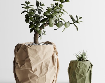 Puede incluir: Una planta de jade grande con hojas verdes gruesas se encuentra en una maceta de color canela con textura de papel arrugado. A su lado, una suculenta pequeña y puntiaguda está en una maceta verde oliva a juego con textura de papel.