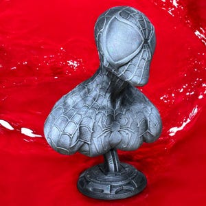 May include: A gray bust of Spider-Man, featuring the character's mask and torso. The bust is detailed with a spiderweb pattern and a spider emblem on the chest. It is set against a vibrant red background.