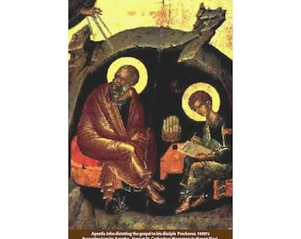 Apostle John dictating the gospel to his disciple  Prochorus. 1400&#39;s Byzantine icon by Angelos. Poster