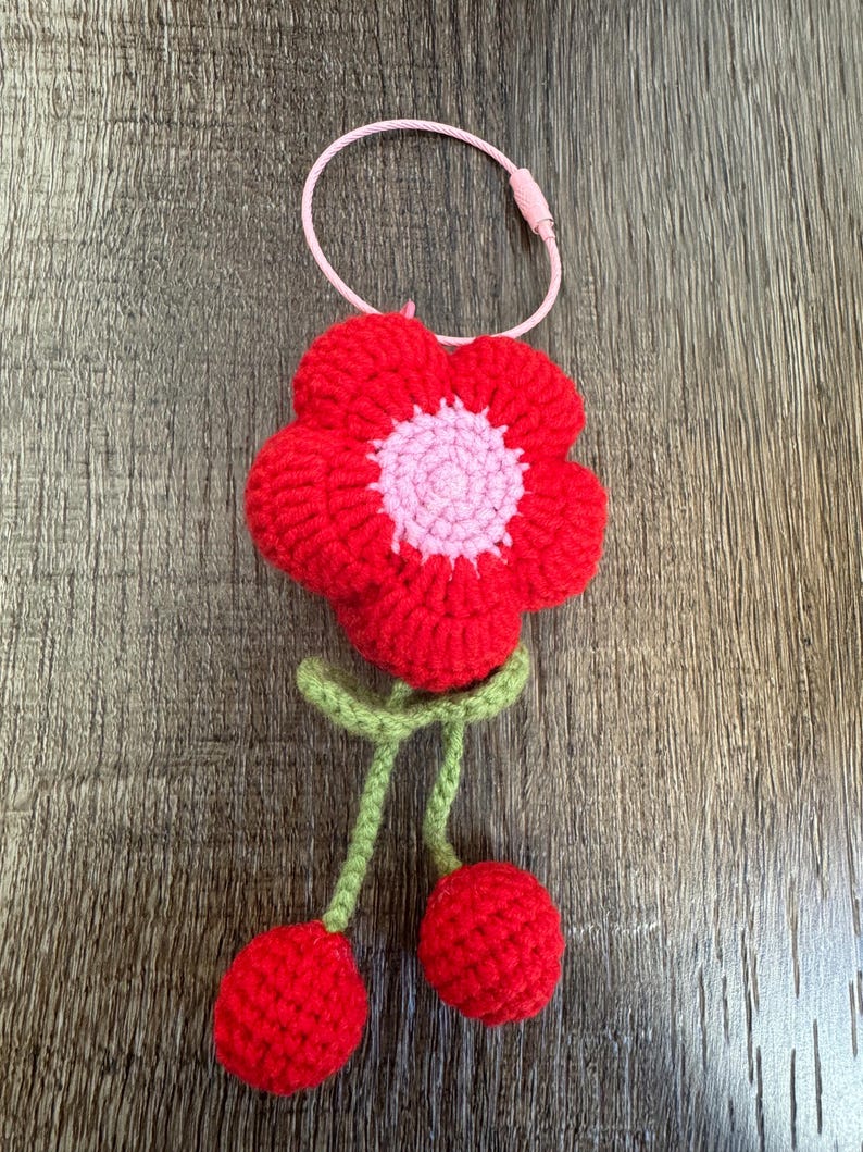 May include: A red crocheted flower with a pink center and green stems with two red crocheted cherries hanging from the stems.