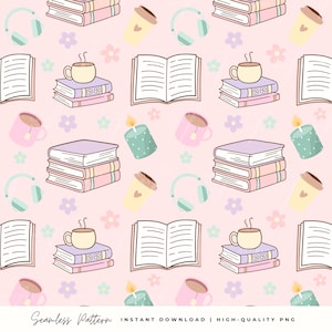 Cozy Bookish Pattern for Book Lovers | Girly Pattern Seamless File Pattern for Background & Crafts, Bookish PNG *Digital Download, 300 dpi