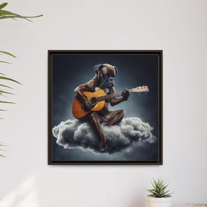 Lienzo enmarcado de perro bóxer atigrado, decoración para el hogar para amantes de los perros, decoración de oficina para músicos, arte con temática musical, lienzo de guitarra, bóxer tocando la guitarra imagen 1