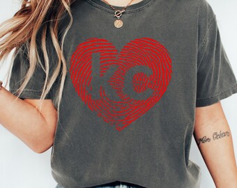 Thumbprint Kansas City Heart Shirt. I Love KC. Hometown Kansas City. Downtown KC. Home of Chiefs, Royals, Sporting KC.