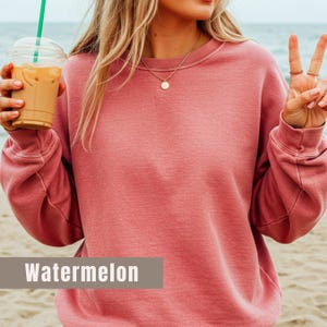 May include: A coral-colored sweatshirt with the word "Watermelon" printed on the bottom. The sweatshirt has long sleeves and a crew neck. The person is holding a clear plastic cup with a green straw and iced coffee.
