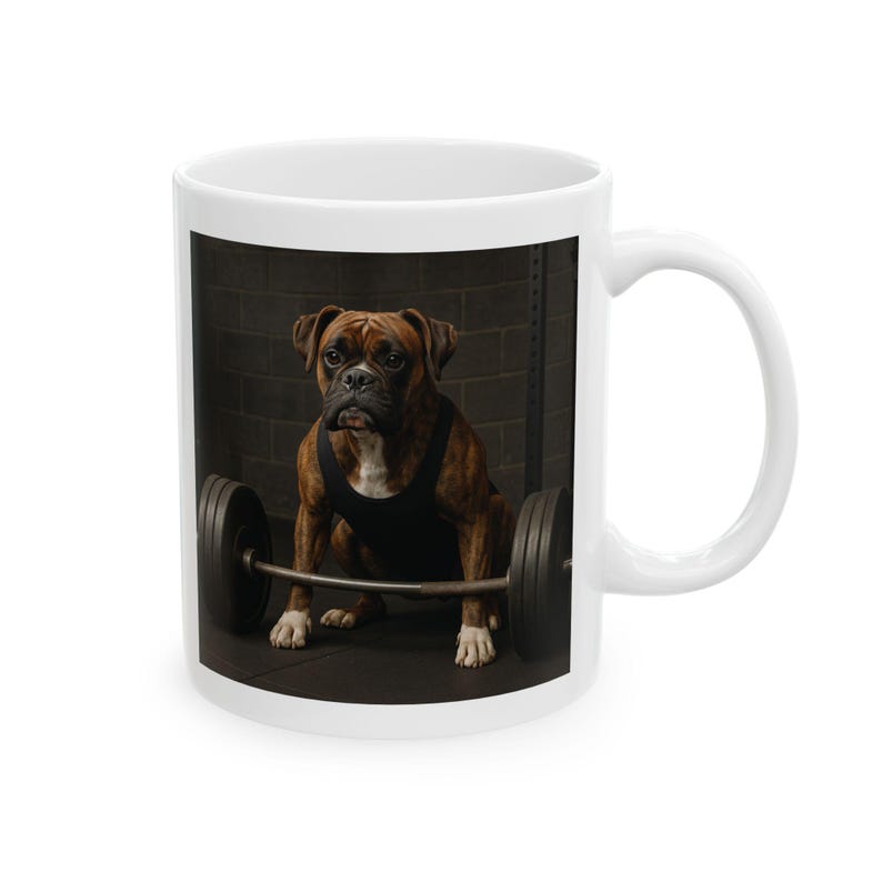 Taza de café con diseño de bóxer atigrado, regalo para amantes de los perros, taza para perro bóxer, estudio de música, perro tocando la guitarra, regalo de elefante blanco, compañero de moral, 325 ml, una cara Weight Lifter