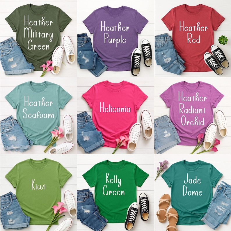 May include: A collection of colorful t-shirts in various shades, including green, purple, and red, each paired with denim shorts and sneakers. The shirts feature text such as "Heather Military Green" and "Heliconia". A stylish and casual clothing ensemble.