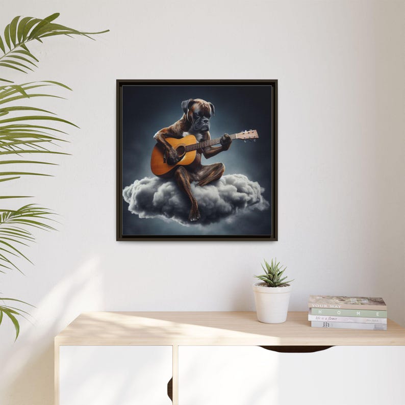 Lienzo enmarcado de perro bóxer atigrado, decoración para el hogar para amantes de los perros, decoración de oficina para músicos, arte con temática musical, lienzo de guitarra, bóxer tocando la guitarra imagen 1
