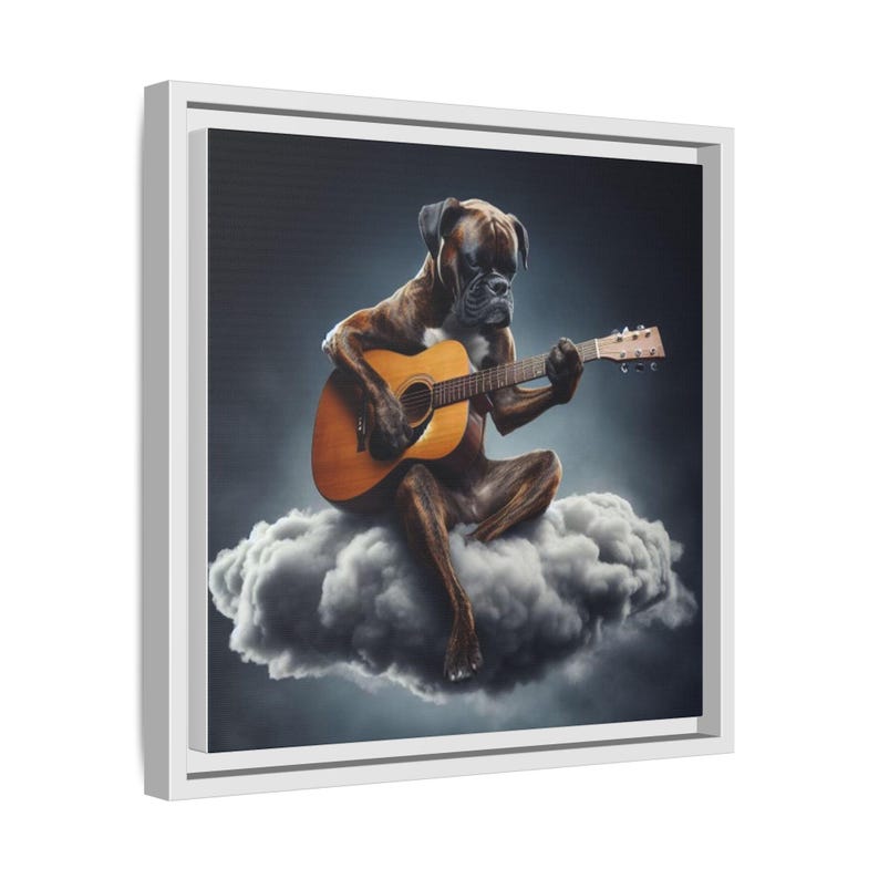 Lienzo enmarcado de perro bóxer atigrado, decoración para el hogar para amantes de los perros, decoración de oficina para músicos, arte con temática musical, lienzo de guitarra, bóxer tocando la guitarra imagen 5