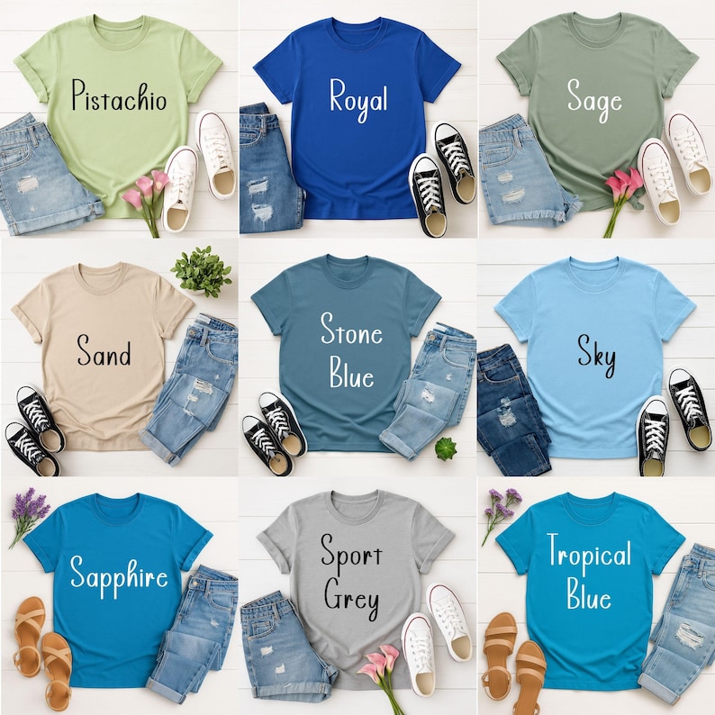 May include: A collection of t-shirts in various colors, including pistachio, royal blue, sage, sand, stone blue, sky, sapphire, sport grey, and tropical blue. Each shirt is paired with denim shorts and sneakers or sandals. The shirts have text on them.