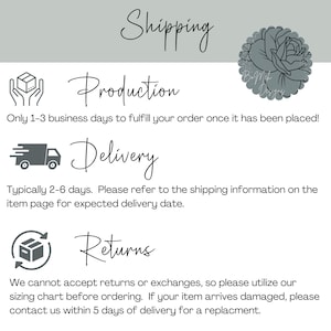 May include: White background with text about shipping, production, delivery, and returns. The text includes information about order fulfillment, delivery times, and the returns policy. A floral design is in the upper right corner.