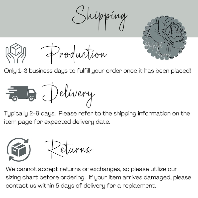 May include: White background with text about shipping, production, delivery, and returns. The text includes information about order fulfillment, delivery times, and the returns policy. A floral design is in the upper right corner.