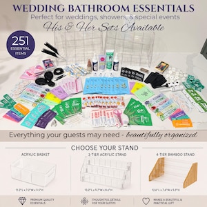 May include: A collection of 251 wedding bathroom essential items including mouthwash packets, aloe vera gel, bandages, hair accessories, and toiletries. Includes two clear acrylic organizers and options for an acrylic basket or tiered stands.