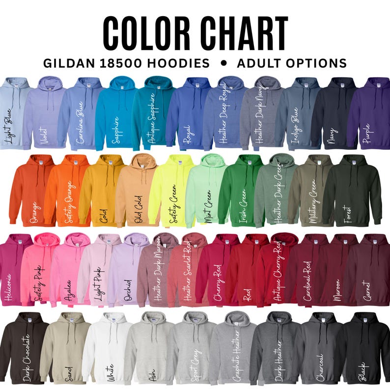 Op de afbeelding: Kleurenkaart van Gildan 18500 hoodies in diverse kleuren, waaronder lichtblauw, oranje, saffier en rood. De tekst "COLOR CHART" en "ADULT OPTIONS" staan bovenaan. De hoodies zijn in rijen gerangschikt.