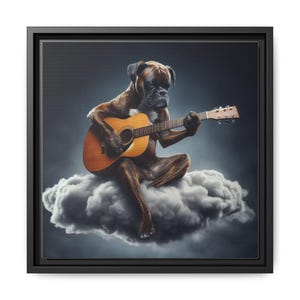 Lienzo enmarcado de perro bóxer atigrado, decoración para el hogar para amantes de los perros, decoración de oficina para músicos, arte con temática musical, lienzo de guitarra, bóxer tocando la guitarra imagen 2