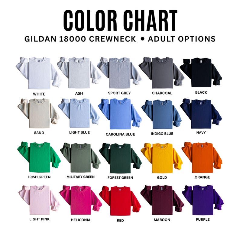 以下が含まれることがあります： Gildan 18000クルーネックのスウェットシャツの色見本。白、黒、ネイビー、赤など、さまざまな色があります。大人向けのオプションが表示されており、各スウェットシャツは色の範囲を示すように配置されています。