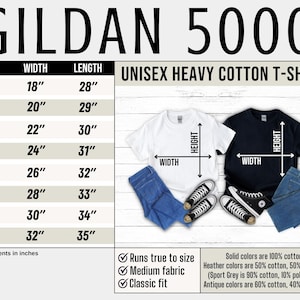 May include: Image of a white and black t-shirt with size chart and measurements in inches. The chart lists sizes S to 5XL, with corresponding width and length measurements. The image also shows a pair of jeans and sneakers.