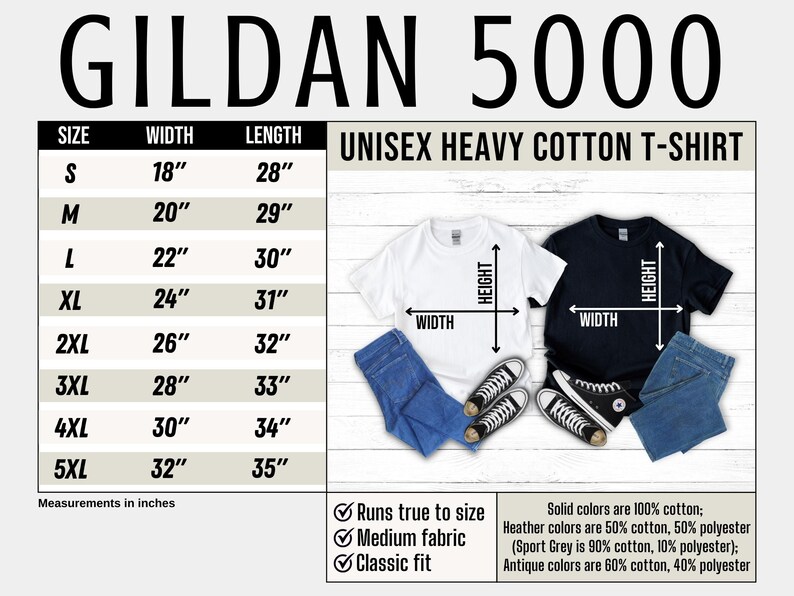 May include: Image of a white and black t-shirt with size chart and measurements in inches. The chart lists sizes S to 5XL, with corresponding width and length measurements. The image also shows a pair of jeans and sneakers.