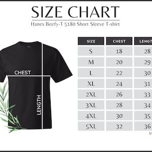 May include: A black Hanes Beefy-T 5180 short sleeve t-shirt with a size chart. The chart lists chest and length measurements in inches for sizes S to 5XL. The text "SIZE CHART" is at the top.