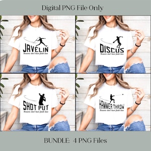 Op de afbeelding: Een digitaal downloadpakket met vier PNG-bestanden met grafische ontwerpen voor T-shirts. Elk ontwerp toont een silhouet van een persoon die een andere atletiekdiscipline gooit: speer, discus, kogelstoten en hamerwerpen. De tekst op elk ontwerp luidt "Werpers hebben geen finishlijn".