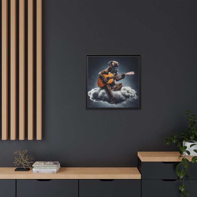 Lienzo enmarcado de perro bóxer atigrado, decoración para el hogar para amantes de los perros, decoración de oficina para músicos, arte con temática musical, lienzo de guitarra, bóxer tocando la guitarra imagen 9