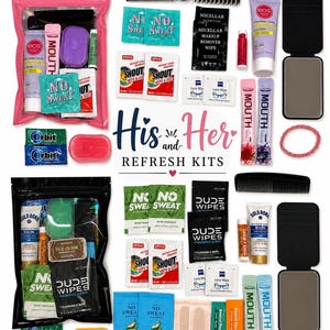 May include: A collection of personal care items labeled His and Her REFRESH KITS, including two pink and black pouches, EOS lotion, mouthwash sticks, Shout wipes, No Sweat pads, Dude Wipes, Orbit gum, combs, lens wipes, mirrors, and dental floss picks.