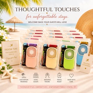Wedding Welcome Bag Kit, Destination Wedding Guest Gifts, Hotel Welcome Bags, Guest Survival Kit with Handheld Fan, Bulk Wedding Favors
