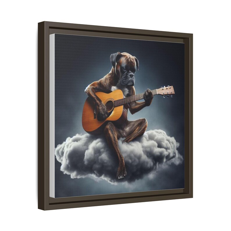 Lienzo enmarcado de perro bóxer atigrado, decoración para el hogar para amantes de los perros, decoración de oficina para músicos, arte con temática musical, lienzo de guitarra, bóxer tocando la guitarra imagen 3