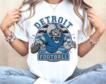 Fútbol americano de Detroit PNG, mascota león PNG, imprimible para aficionados con temática de león, decoración de fútbol americano de león, idea de camiseta de fútbol, equipo para el día del partido de Detroit