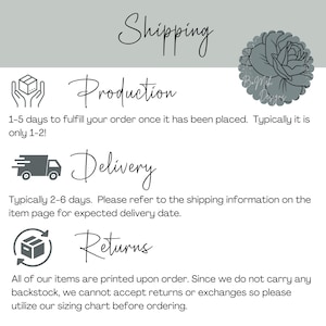 May include: A white graphic with text about shipping, production, delivery, and returns. The text is in a handwritten style. A floral design is in the upper right corner. The background is light gray.