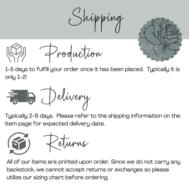 May include: A white graphic with text about shipping, production, delivery, and returns. The text is in a handwritten style. A floral design is in the upper right corner. The background is light gray.