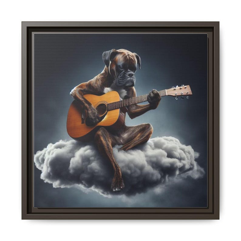 Lienzo enmarcado de perro bóxer atigrado, decoración para el hogar para amantes de los perros, decoración de oficina para músicos, arte con temática musical, lienzo de guitarra, bóxer tocando la guitarra imagen 7
