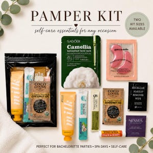 May include: A pamper kit containing various skincare items including a Sadoer Camellia facial mask, Grace & Stella pink eye masks, Coco Goods coconut oil packets, milk and honey cream tubes, a peach and honey lip balm, and makeup remover wipes.