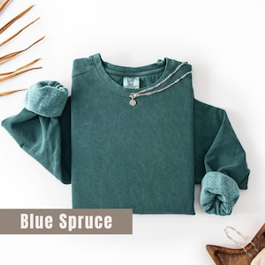 May include: A teal-colored long-sleeve sweatshirt with rolled-up cuffs. A silver chain necklace with a small pendant rests on the shirt. The text "Blue Spruce" is displayed on a brown rectangular background.