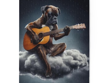 Guitar Playing Dog Puzzle - 120, 252, 500-Piece Fun for Pet Lovers, Family Game Night, Gift for Dog Owners, 3 design options, Brindle Boxer