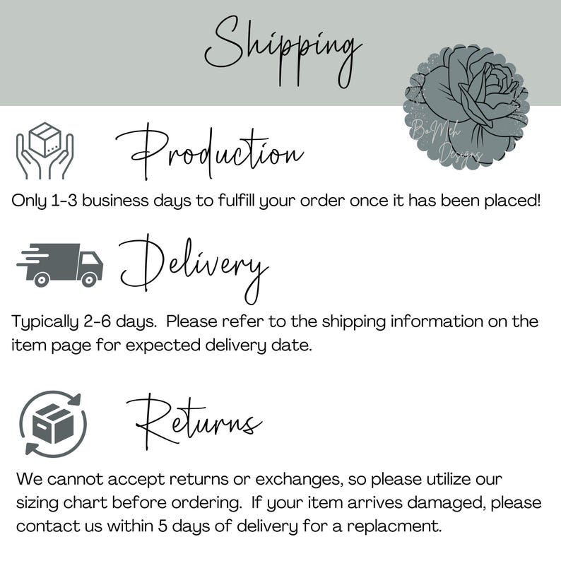 May include: White background with text about shipping, production, delivery, and returns. The text includes the phrases "Only 1-3 business days to fulfill your order" and "Typically 2-6 days." A floral design is in the upper right corner.