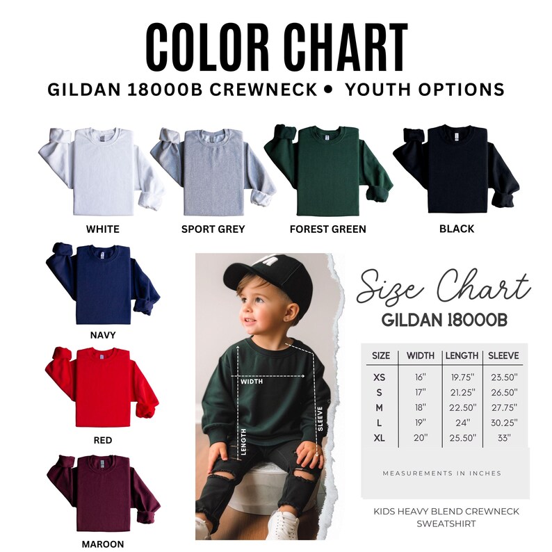 May include: Color chart for Gildan 18000B crewneck youth sweatshirts. Colors include white, sport grey, forest green, black, navy, red, and maroon. Size chart shows measurements in inches for XS to XL sizes. A child models a green sweatshirt.