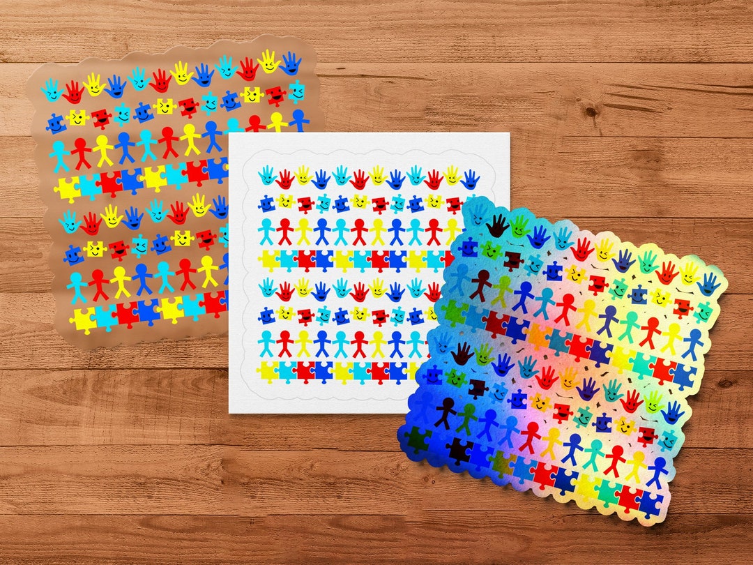 Autism Awareness Sticker With Happy Hands Puzzle Pieces and People ...