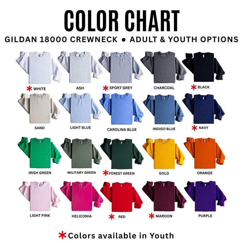 May include: Color chart showcasing Gildan 18000 crewneck sweatshirts in various colors. The image displays a range of options, including white, ash, sport grey, charcoal, and black. Additional colors include sand, light blue, Carolina blue, and indigo blue.