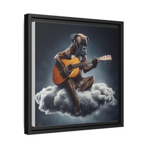Lienzo enmarcado de perro bóxer atigrado, decoración para el hogar para amantes de los perros, decoración de oficina para músicos, arte con temática musical, lienzo de guitarra, bóxer tocando la guitarra imagen 8