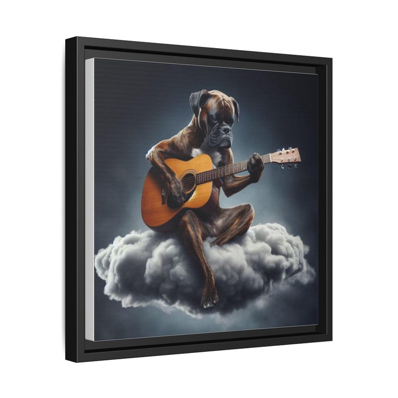 Lienzo enmarcado de perro bóxer atigrado, decoración para el hogar para amantes de los perros, decoración de oficina para músicos, arte con temática musical, lienzo de guitarra, bóxer tocando la guitarra imagen 8