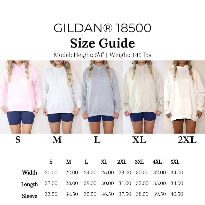 Op de afbeelding: Een maattabel voor Gildan 18500 hoodies. De gids toont modellen die hoodies dragen in verschillende kleuren en maten, van S tot 2XL. Afmetingen worden gegeven in cm voor breedte, lengte en mouwlengte.